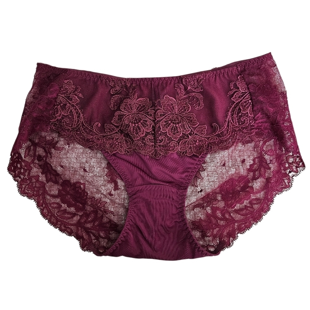 Vera Wang Intimates Panties Sexy Burgundy Satin Sheer Floral Lace Lingerie 90
